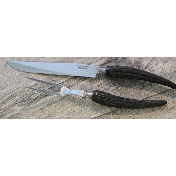 Antique Cattaraugus Vanadium Carving Knife & Fork Set Black Faux Antler Handles - Picture 2 of 9